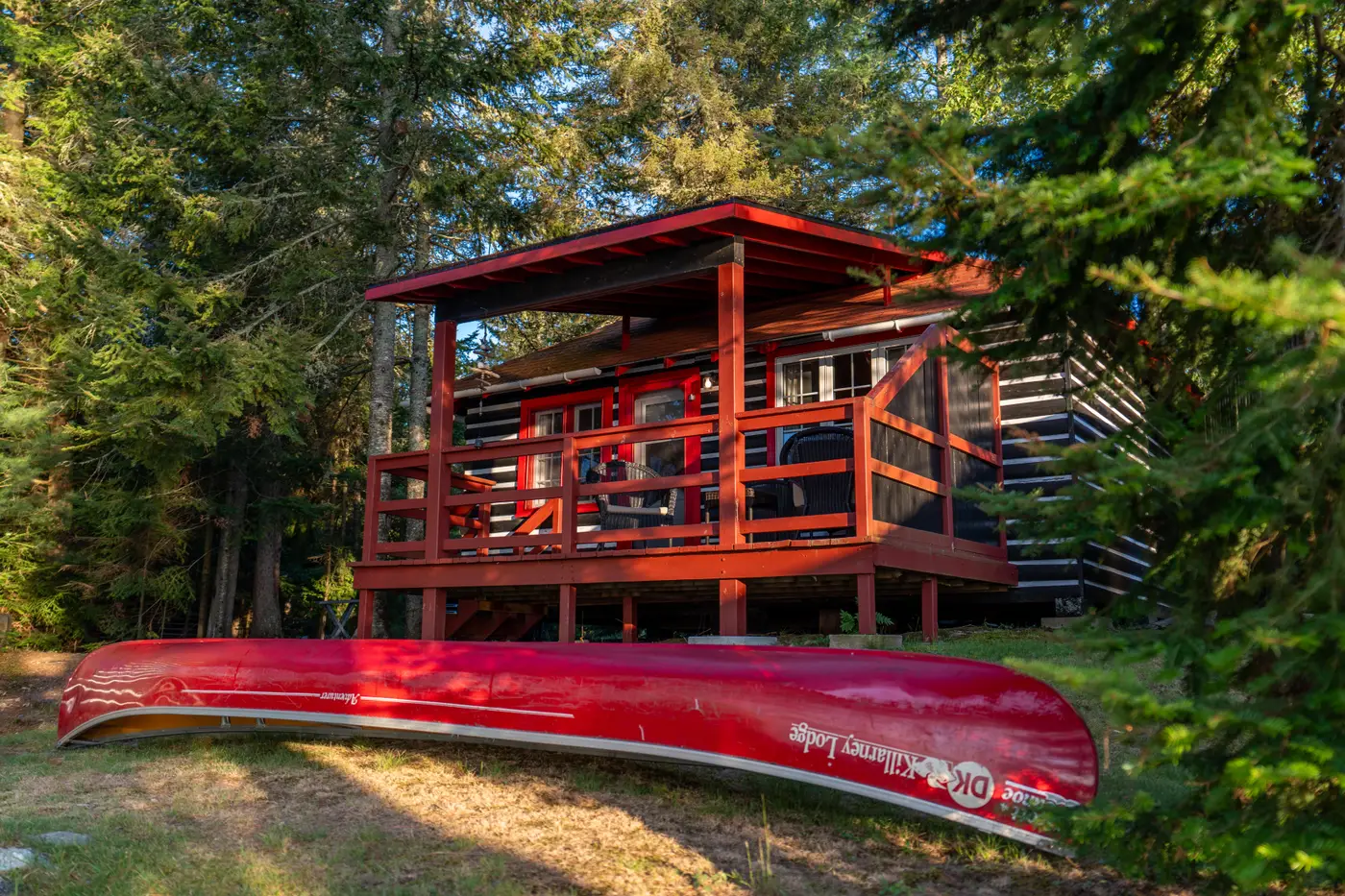 Deck and canoe at a Main Lake Cabin at Killarney Lodge in Algonquin Park.